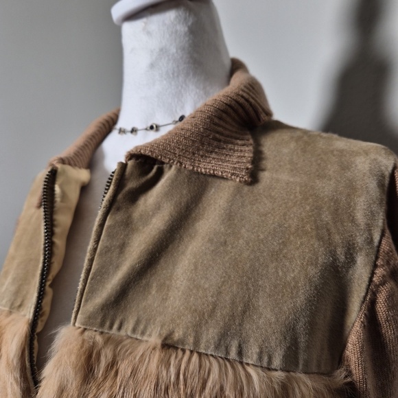 Bebe Vintage Leather Suede & Fur Y2K Collared Knit Bomber Downtown Fall Jacket L - Picture 4 of 9